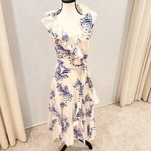 Hollywould Italy Blue White Sailboat Print Ruffle Midi Dress Size 44 Wrap Dress